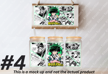 Load image into Gallery viewer, Hero Academy Quirks Anime Manga Panel 16oz Frosted Glass Cup/ Stainless Steel Can
