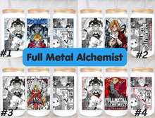 Load image into Gallery viewer, FMA Alchemist Anime Manga Panel 16oz Frosted Glass Cup / Stainless Steel Can
