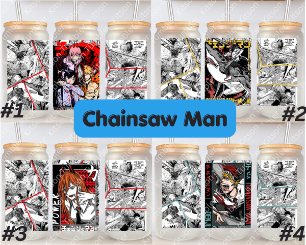 Chainsaw Devil Hunter Anime Manga 16oz Frosted Glass Cup / Stainless Steel Can Panel