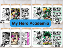 Load image into Gallery viewer, Hero Academy Quirks Anime Manga Panel 16oz Frosted Glass Cup/ Stainless Steel Can
