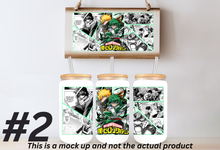Load image into Gallery viewer, Hero Academy Quirks Anime Manga Panel 16oz Frosted Glass Cup/ Stainless Steel Can
