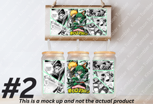 Load image into Gallery viewer, Hero Academy Quirks Anime Manga Panel 16oz Frosted Glass Cup/ Stainless Steel Can
