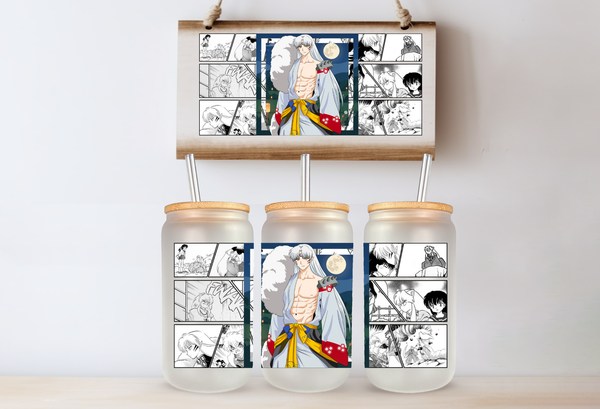 Inyu Sessh Dog Demon Shirtless Anime Panel Manga 16oz Frosted Glass Cup / Stainless Steel Can